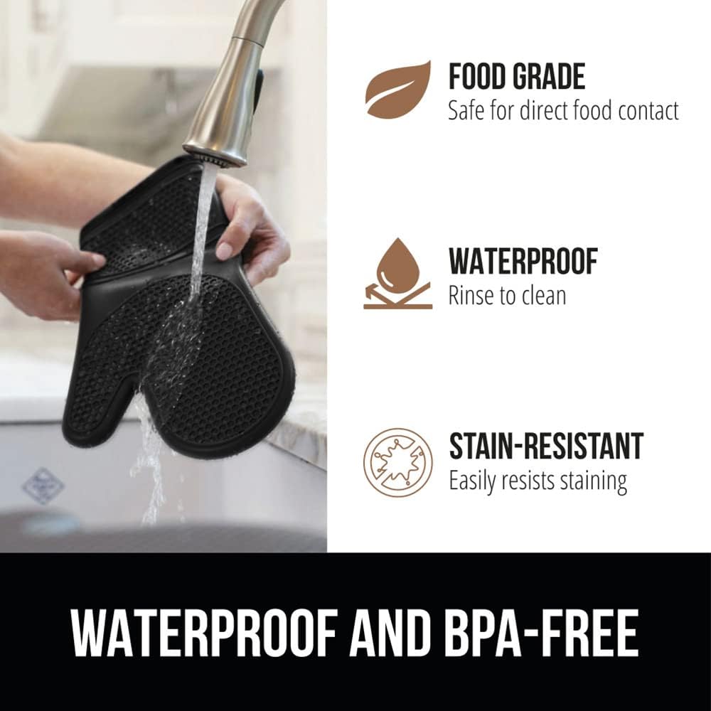 GORILLA GRIP BPA-Free Soft Silicone Oven Mitts and Pot Holders Sets of 4, Heat Resistant Waterproof Cooking Gloves, Thick Cotton Lining, Flexible Gripping for Baking Grilling, Kitchen Trivets, Black