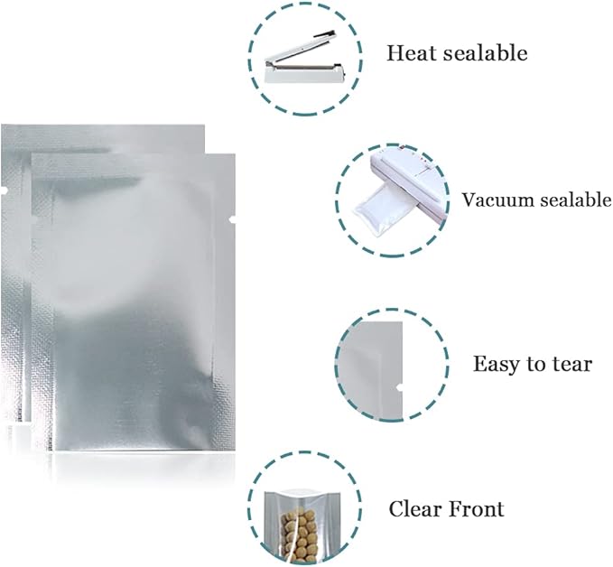 Silver Aluminum Foil Pouch Heat Seal Front Window Plastic Mini Open Top Flat Vacuum Packaging Mylar Bag Food Small Sample Mylar Storage with Tear Notch (100, 14x20cm(5.5x7.9 inch))
