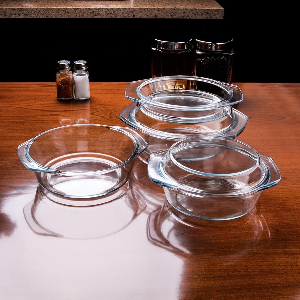 Set of 6 Pieces Round Tempered Glass Casserole Dish with Lids, Glass Casserole Baking Dish Set for Oven, Freezer and Dishwasher Safe - 1QT+1.5QT+1.8QT