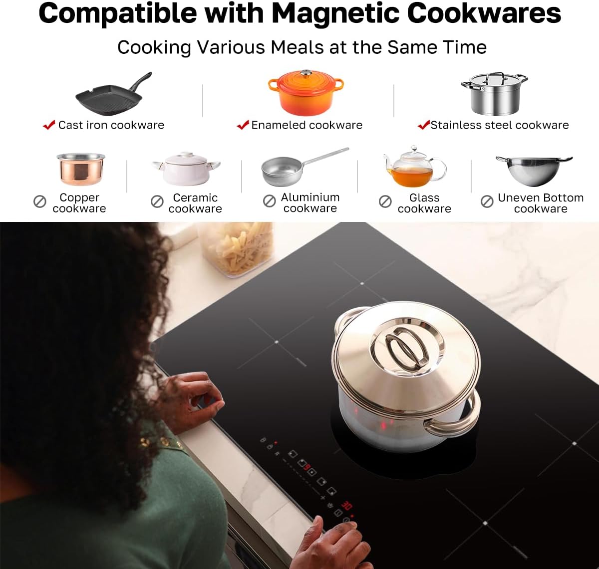 ThermoMate 36 Inch Induction Hob Electric Cooktop, 9800W Built in Induction Stove Top with 5 Boost Burners, 9 Heating Levels, Timer & Child Safety Lock, Sensor Touch Control, 240V