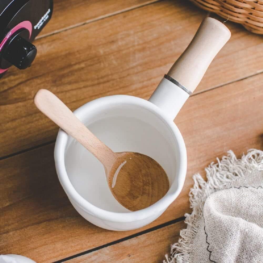 Enamel Milk Pot, Small Saucepan Butter Warmer 4 Inch 17 Oz with Wooden Handle for Heating Smaller Liquid Portions