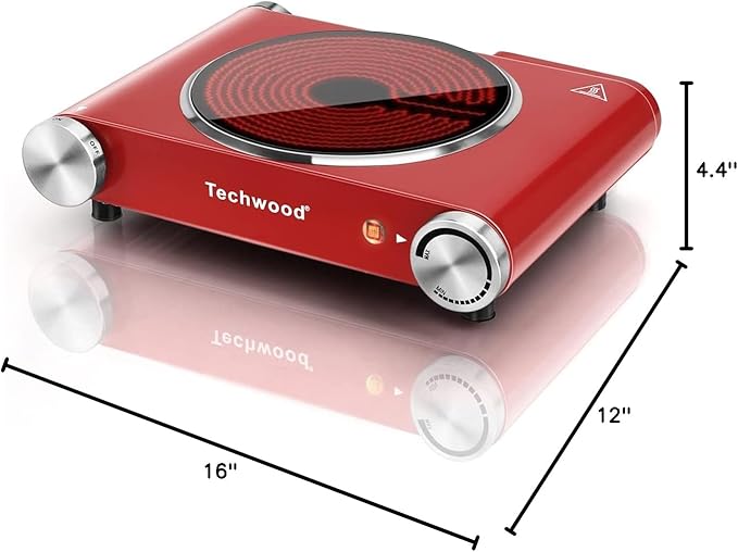 Hot Plate, Techwood Single Burner for Cooking, 1200W Portable Infrared Ceramic Electric Stove with Adjustable Temperature, 7.1β Cooktop for Home/RV/Camp, Compatible for All Cookwares, Red