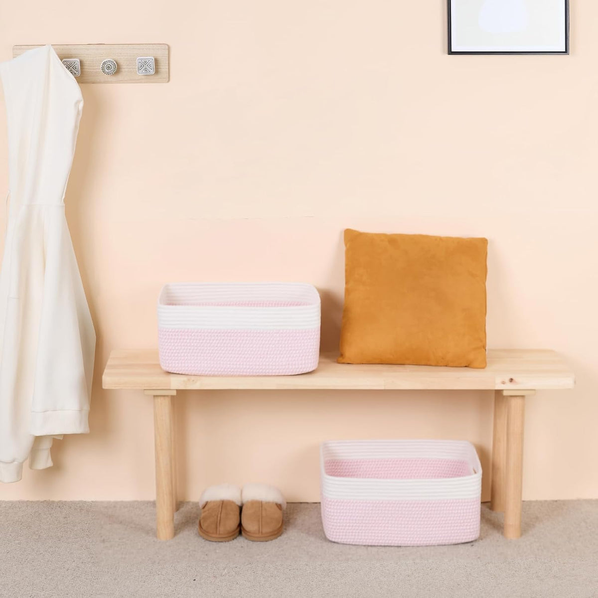 Large Storage Baskets for Shelves, Closet Organizers Bins for Clothes Blanket Towels, Baby Nursery, Toy Baskets Box, Woven Rope Baskets, 17 x 13 x 7.5β, 2 Packs Woven Pink