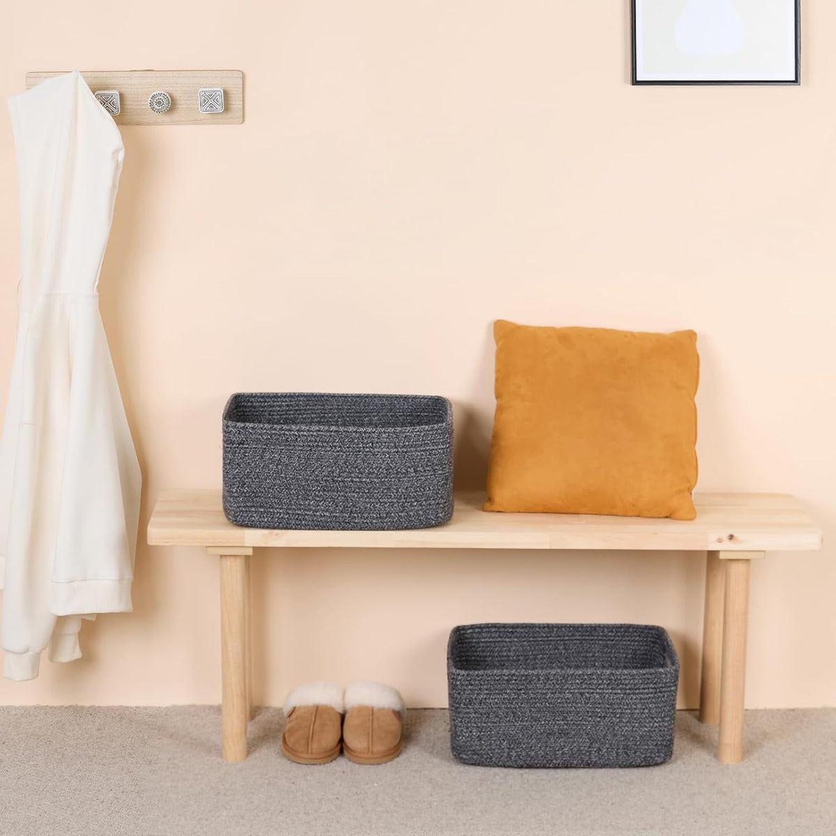 Large Storage Baskets for Organizing, Closet Shelf Baskets for Clothes Blanket Towels, Baby Nursery, Toy Bins Box, Woven Rope Baskets, 17 x 13 x 7.5β, 4 Packs Dark Gray