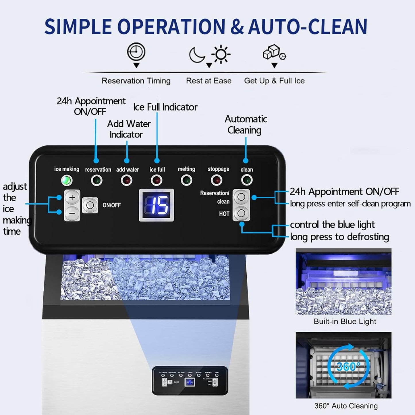 Commercial Ice Maker Machine 120Lbs/24H with 35Lbs Ice Capacity, 45Pcs Clear Ice Cubes Ready in 11-20Mins, Stainless Steel Under Counter Freestanding Large Ice Machine, 2 Water Inlet Modes