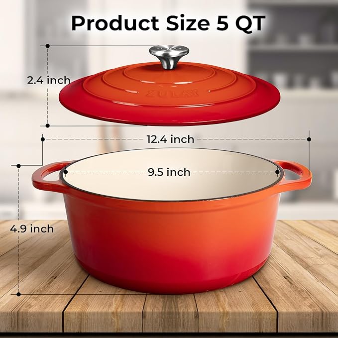 Zulay Kitchen 5 Quart Enameled Cast Iron Dutch Oven Pot with Lid – Premium Durability & Oven Safe up to 500°F – Heavy Duty Cookware Perfect for Bread Baking, Stews, Braising & Roasting – Orange