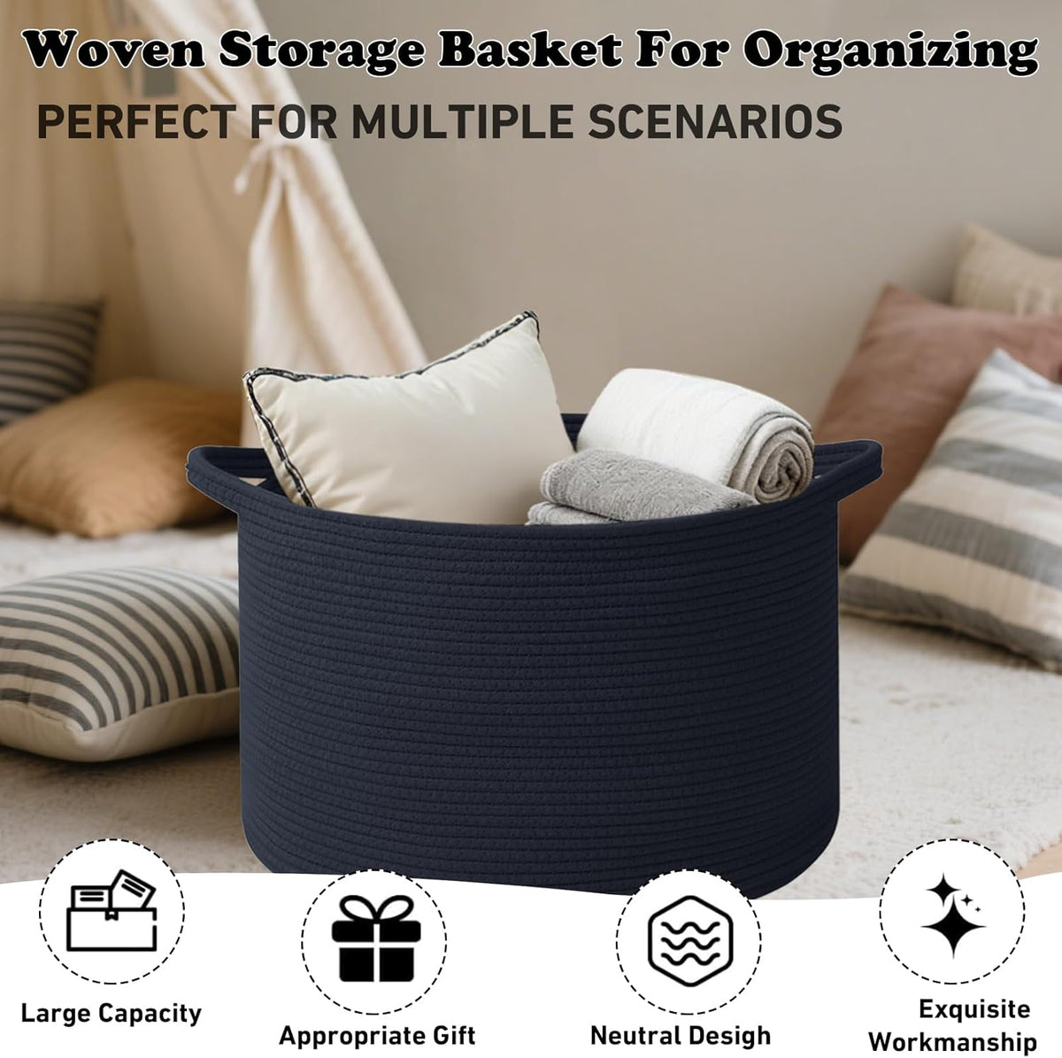 Large Blanket Basket for Organizing,115L Closet Organizers and Storage Bins Box for Shelves Woven Rope Storage Baskets,Living Room,Bedroom,Dorm,Laundry room (Navy)