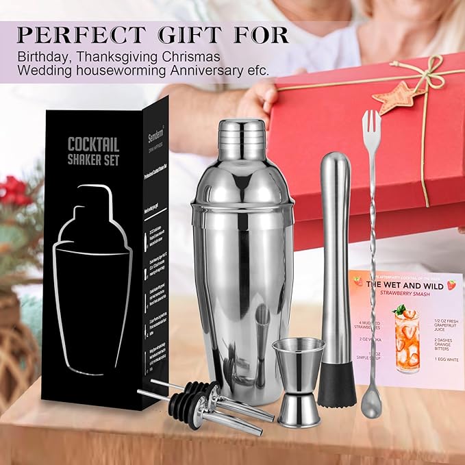 Cocktail Shaker Set, 6-Piece 18/8 Food-Grade Stainless Steel Mixology Bartender Kit - Premium Bar Tools with Muddler, Jigger, Spoon & Pourers - Rust-Proof, Leak-Proof & Dishwasher Safe Gift for Men