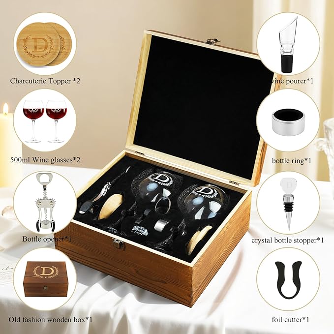 GZLDGIFTS Personalized Initial Wine Glasses Box Gift Set For Women Mom Engraved Birthday Monogrammed Wooden Christmas Gifts Wedding Anniversary Wine Couples Stopper Opener Initial Letterr (S Set)