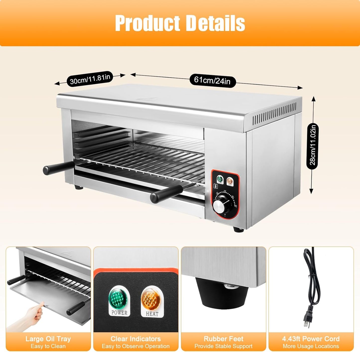 1500W Electric Cheese Melter Commercial Cheese Melter Cheesemelter Grill 122-572°F Stainless Steel Countertop Salamander Broiler Toaster Oven Silver