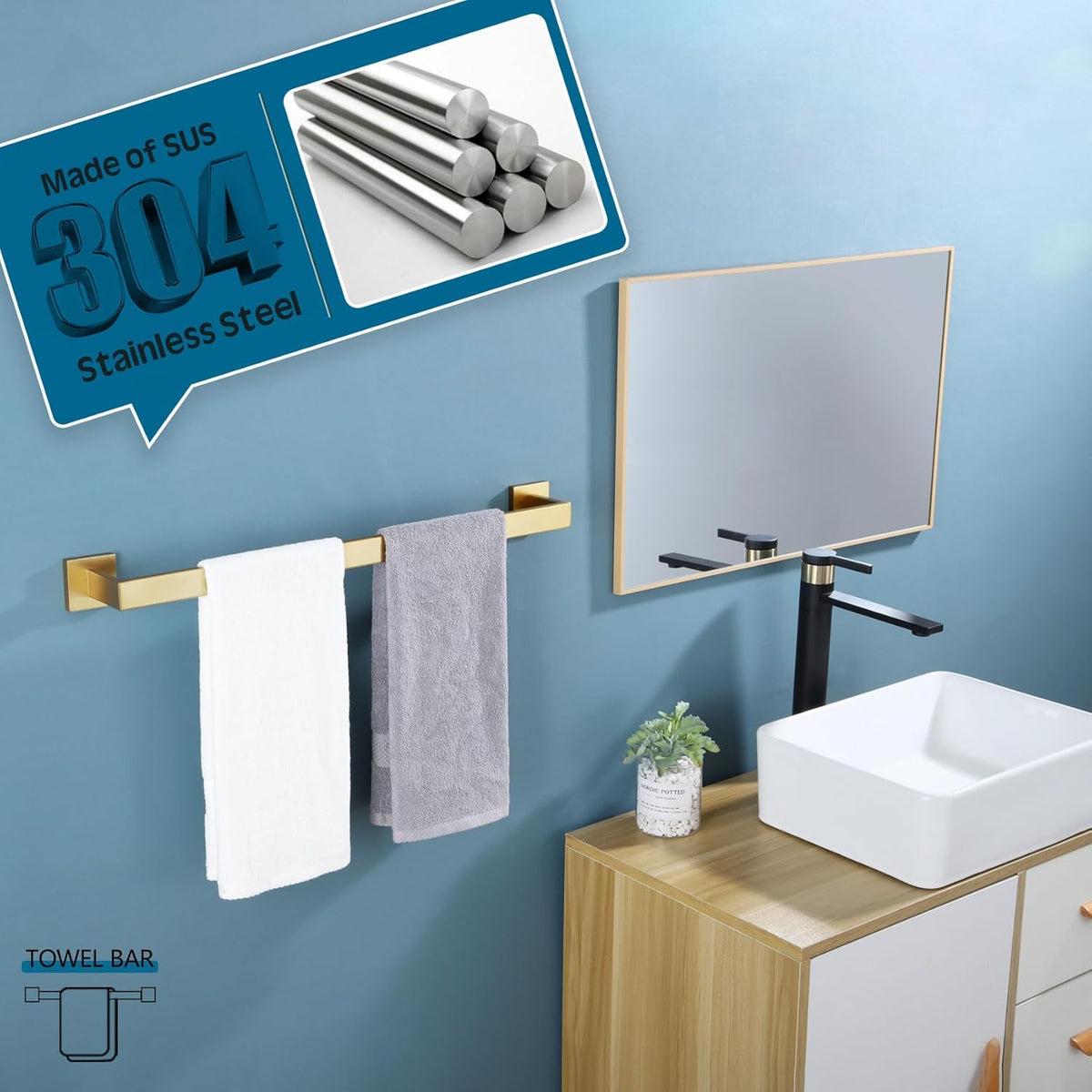 KOKOSIRI 24-Inch Single Towel Bar, Bathroom Kitchen Towel Holder, Wall Mounted SUS304 Stainless Steel Towel Rack, Brushed Gold, B4003BG-L24