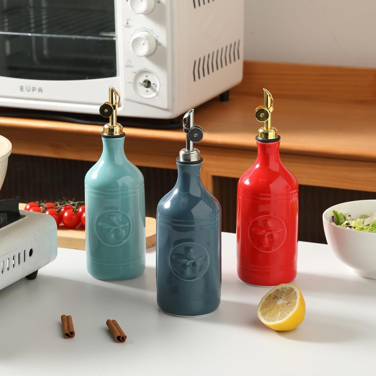 Sweejar 16 Oz Ceramic Olive Oil Dispenser Bottle, Oil Dispenser for Kitchen with Gravity Spout, Relief Opaque Vinegar Container for Evoo, Soy Sauce, 1 Pack(Turquoise, Gold Spout)