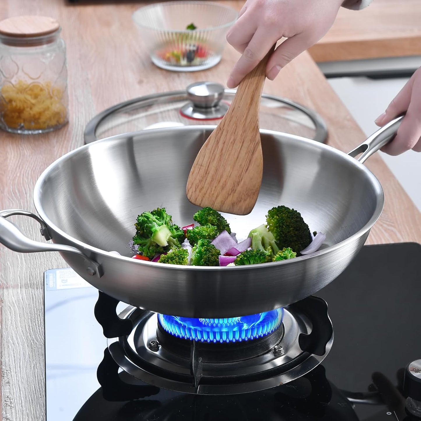 LOLYKITCH 14.5 Inch Tri-Ply Stainless Steel Wok Pan, Stir-Fry Pan,Induction Chef's Cooking Pan,Dishwasher and Oven Safe,Heavy Duty and Detachable Handle