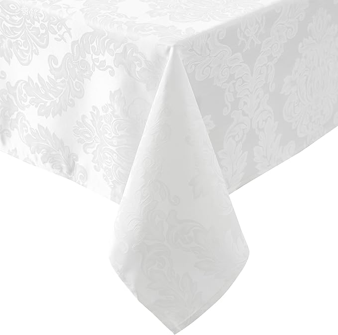 Newbridge Barcelona Luxury Damask Fabric Tablecloth, 108” Round, White, 100% Polyester, No Iron, Soil Resistant Dining Room, Party and Banquet Table Cover