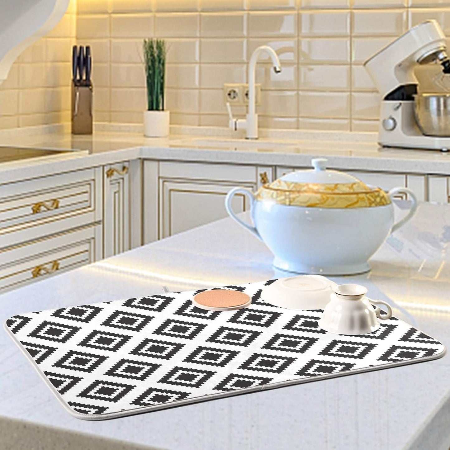 Super Absorbent Dish Drying Mat, Microfiber Fast-Drying Dish Mat, 24" x 18, Kitchen Dish Drying Pad, Grey Moroccan Rhombus Plaid