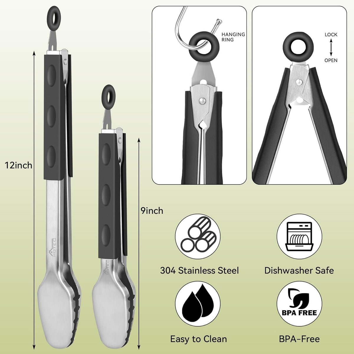 Hotec Stainless Steel Kitchen Tongs Grill Tongs Set of 2-9" and 12", Barbecue Tongs Locking Metal BBQ Kitchen Food Tongs for Cooking Non-Slip Grip