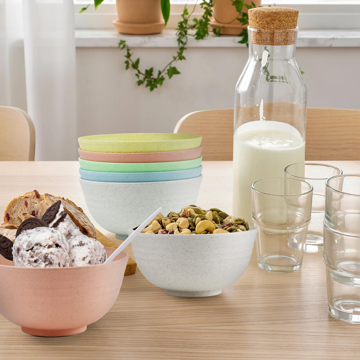 10oz Wheat Straw Bowls Set of 6, Unbreakable Ice Cream Bowl Sets for Kids, Snack Bowls Dishwasher and Microwave Safe