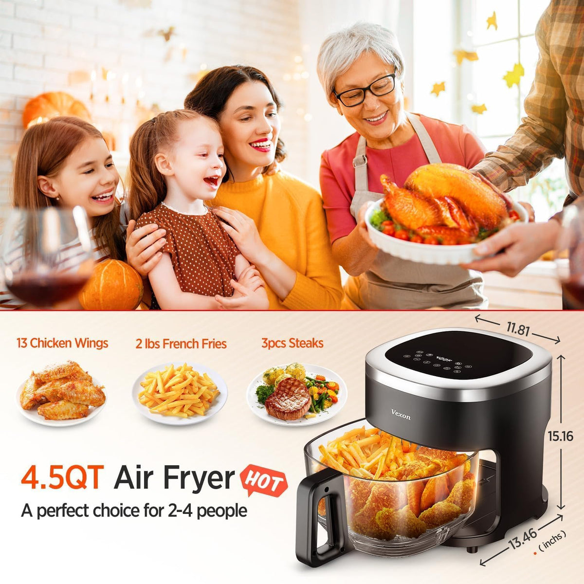 Glass Air Fryer,4.5QT Air Fryer with Viewing Glass Pot, Air Fry, Roast, Reheat, Dehydrate, Air Crisp Technology,Nonstick & Dishwasher Safe Basket,97% Less Oil,Features Digital Timer