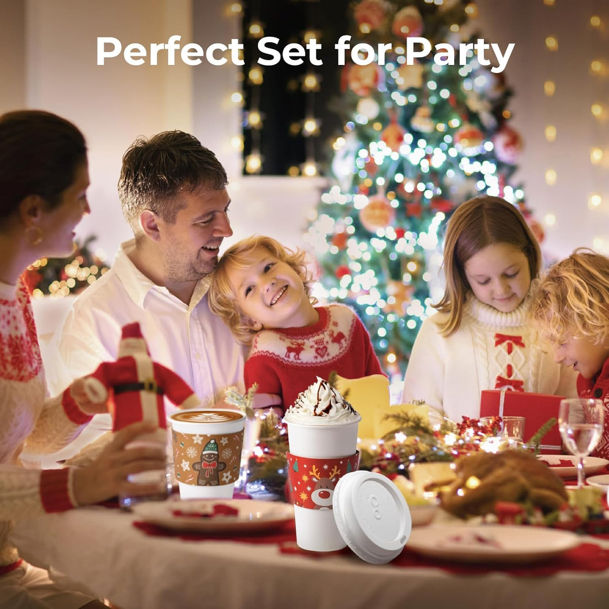 Fit Meal Prep 50 Pack 12 oz Christmas Disposable Coffee Cups with Lids, Sleeves, Leak-Proof To Go Coffee Cups with Lids, Durable Holiday Hot Paper Cups for Home, Office, Party, Business