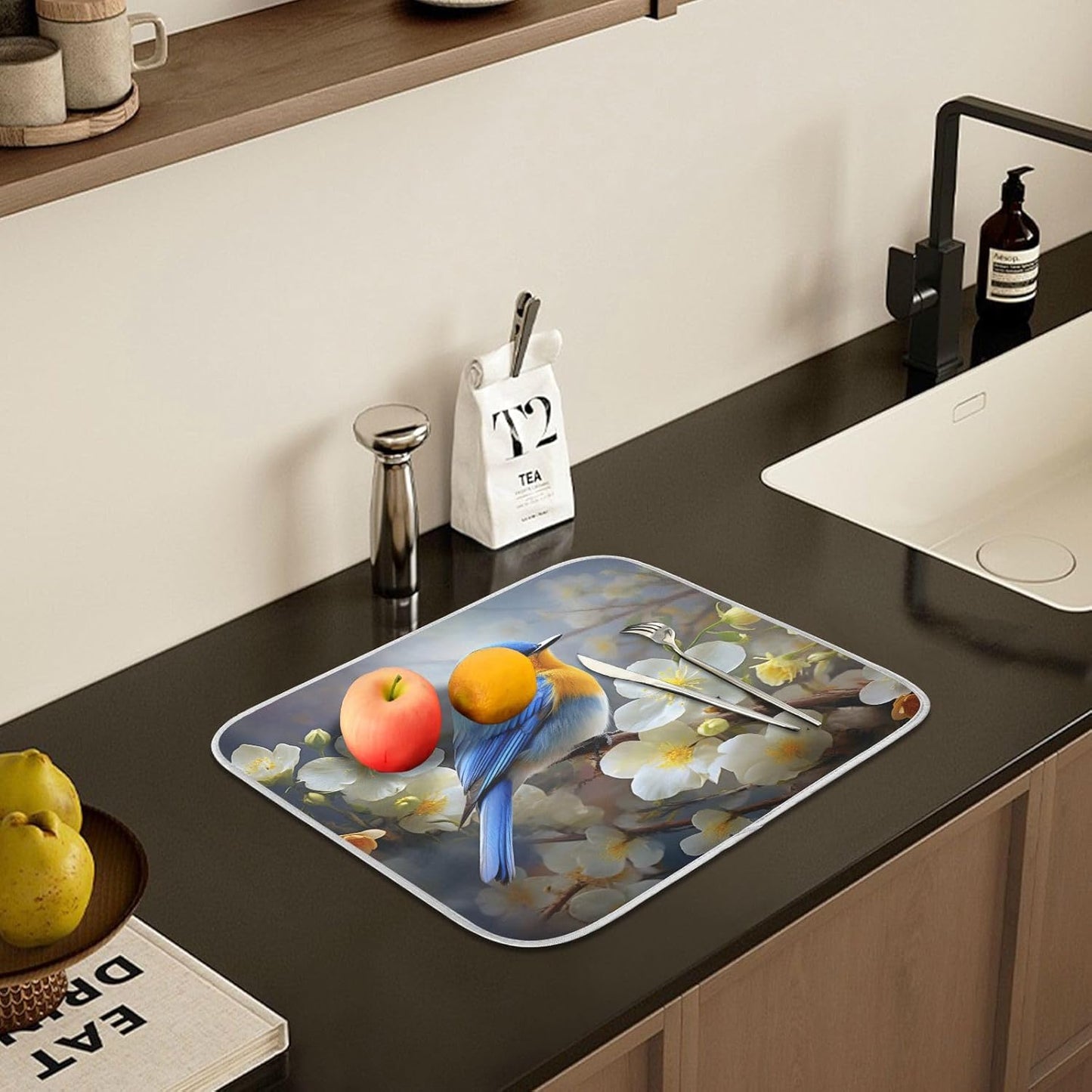 Spring Blue Yellow Flower Bluebird Butterflies Dish Drying Mat for Kitchen Counter Absorbent Microfiber Large Drying Pad Dish mats for Kitchen Countertops 18 x 24 Inch