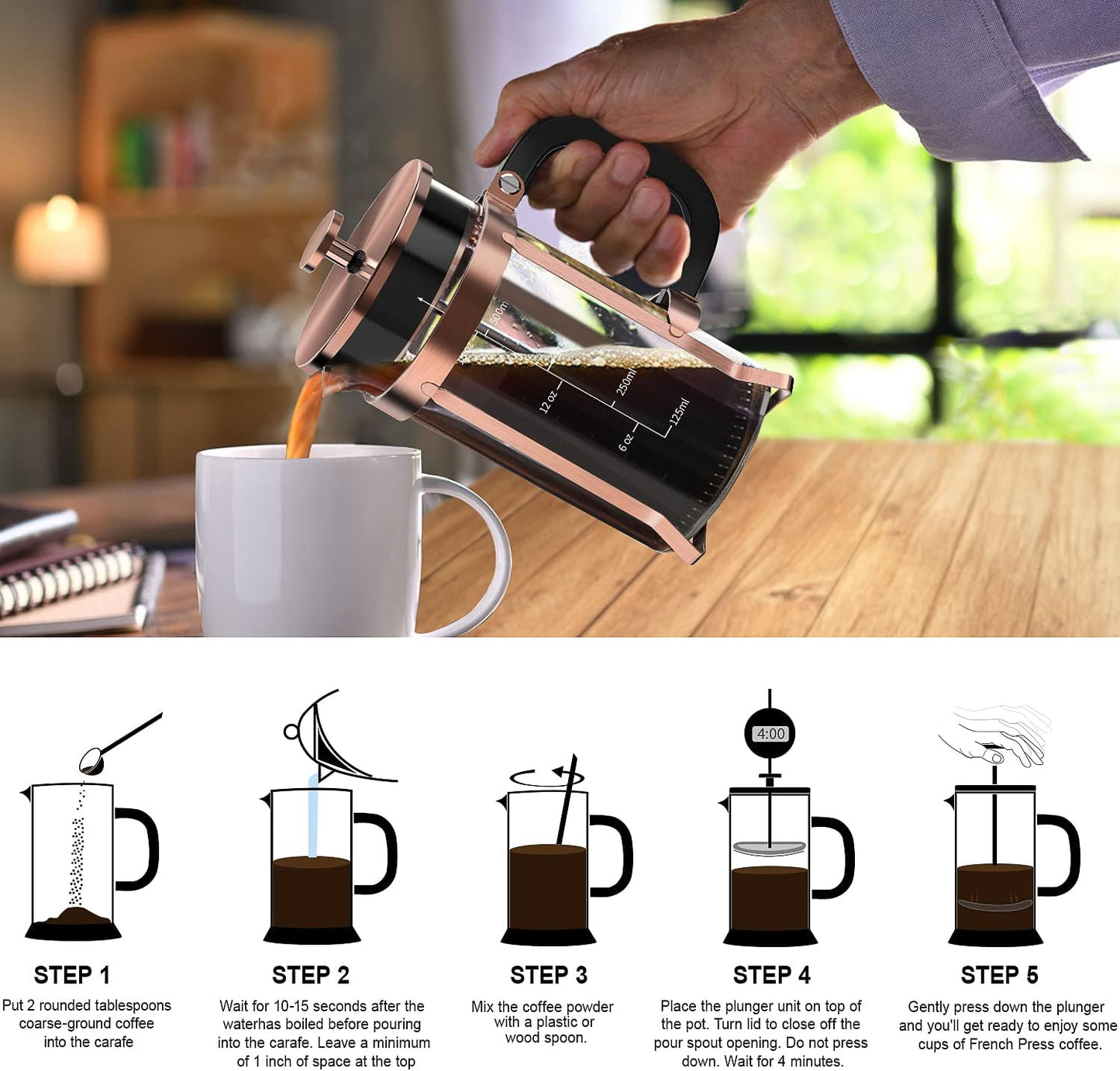 QUQIYSO Coffee Maker 304 Stainless Steel French Press with 4 Filter, Heat Resistant Durable, Easy to Clean, Borosilicate Glass Coffee Press, 100% BPA Free Teapot, 21 ounce, copper