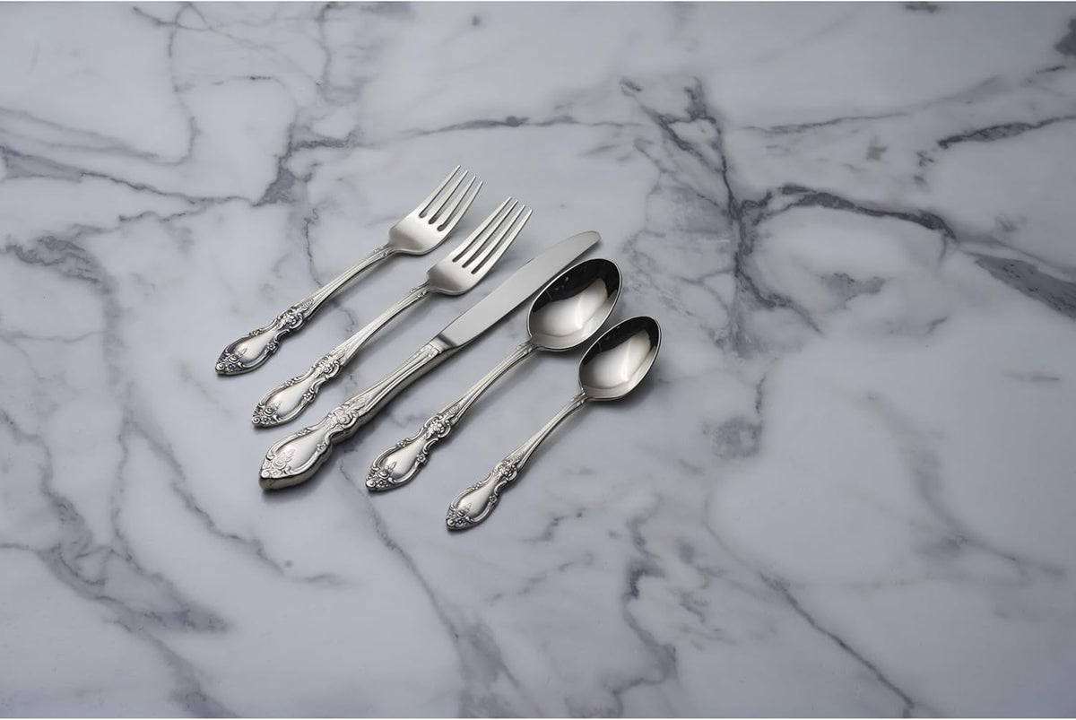 Oneida Louisiana 45 Piece Fine Flatware Set 18/10 Stainless Steel, Service for 8, Silver