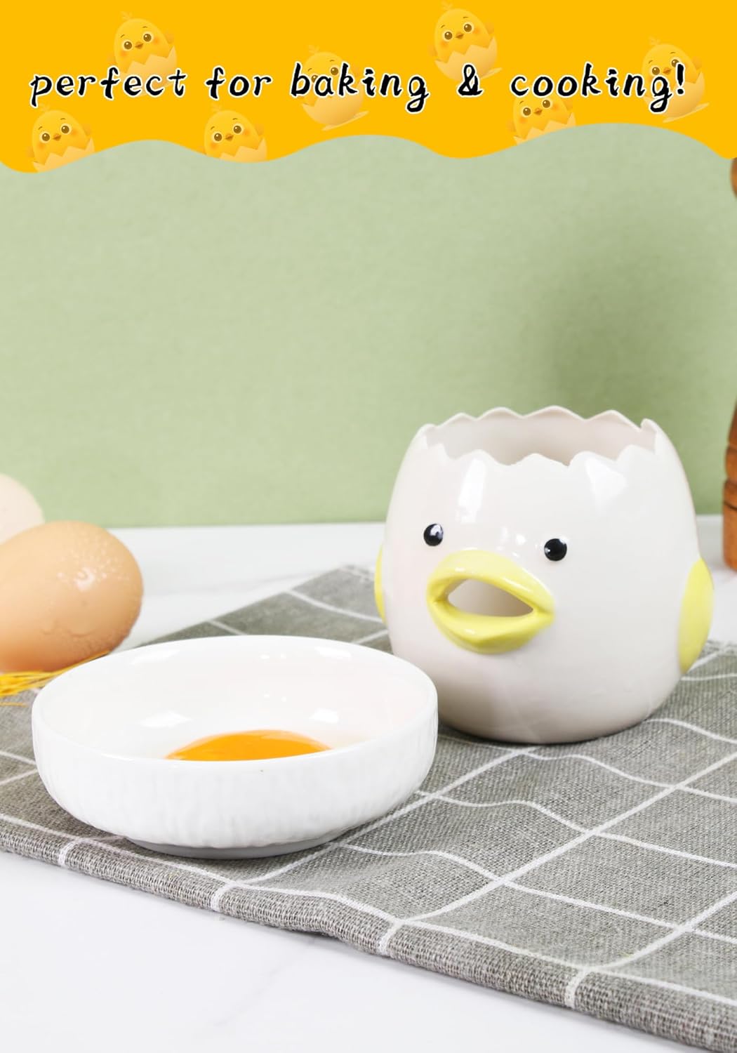 Stainless Steel Whisk Aad Cute Egg Separator, Ceramics Vomiting Chicken Egg Yolk White Separator, Practical Household Small Egg Filter Splitter, Kitchen Gadget Baking Assistant Tool, Dishwasher Safe