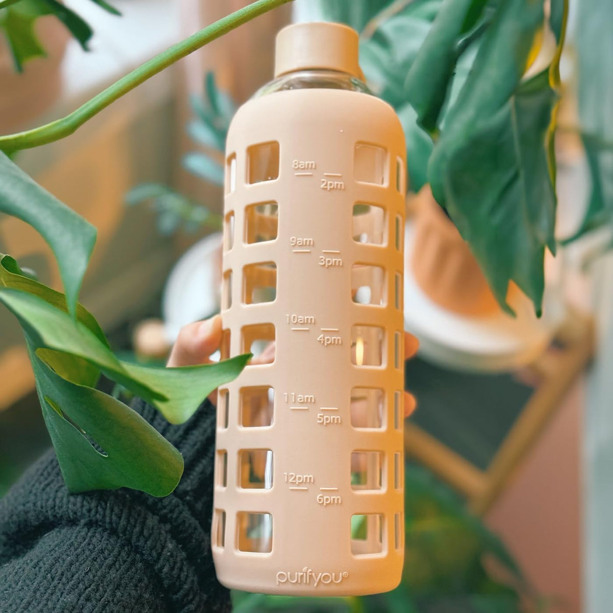 purifyou 40oz / 32oz / 22oz / 12oz Borosilicate Glass Water Bottle with Time & Volume Markers, Silicone Sleeve, Stainless Steel Lid β Reusable Glass Bottle for Water & Juice (32oz Hazelnut)