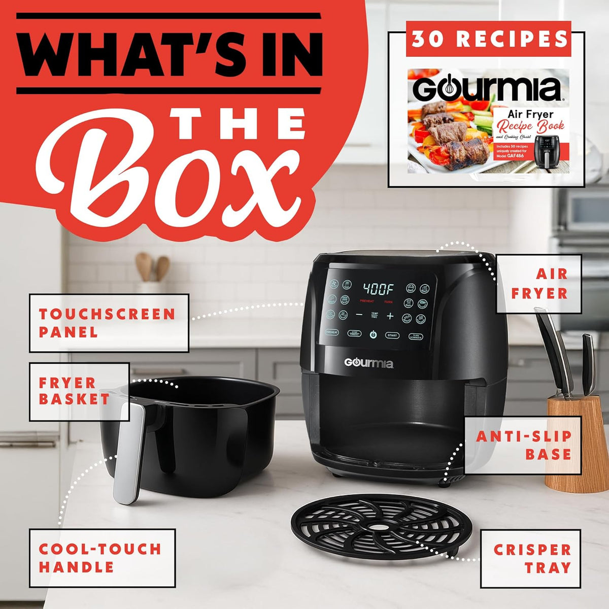 Gourmia Air Fryer 6 QT Digital – Guided Cooking with 12 One‑Touch Presets, FryForce 360 Large XL Basket, Touchscreen, Dishwasher‑Safe Accessories, Healthy No‑Oil Cooking GAF686