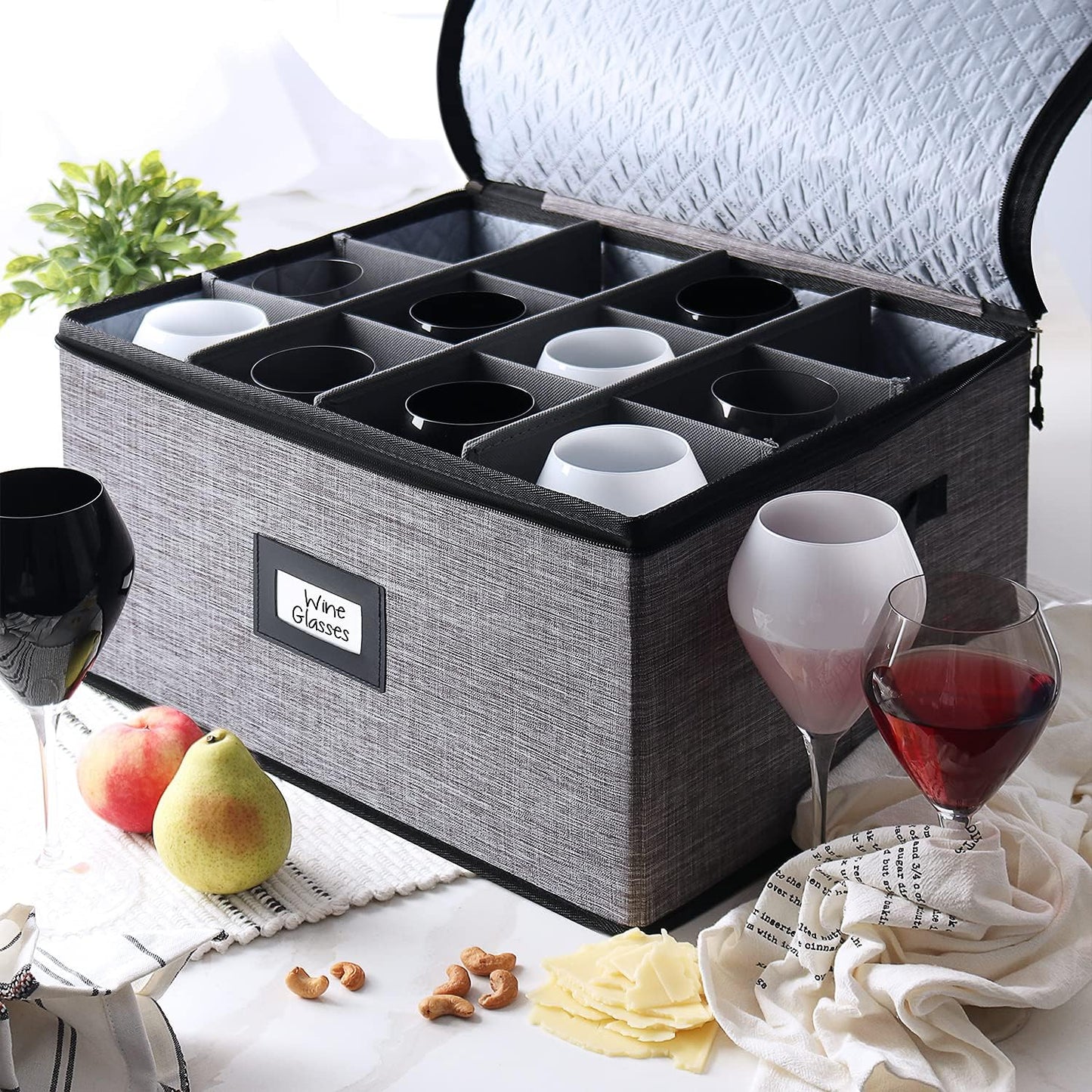 Wine Glass Storage Box with Dividers, 2 Pack Stackable Stemware Storage Cases, Service of 12 Glassware Storage Containers, Quilted China Storage Containers Hard Shell for Moving and Seasonal Storage
