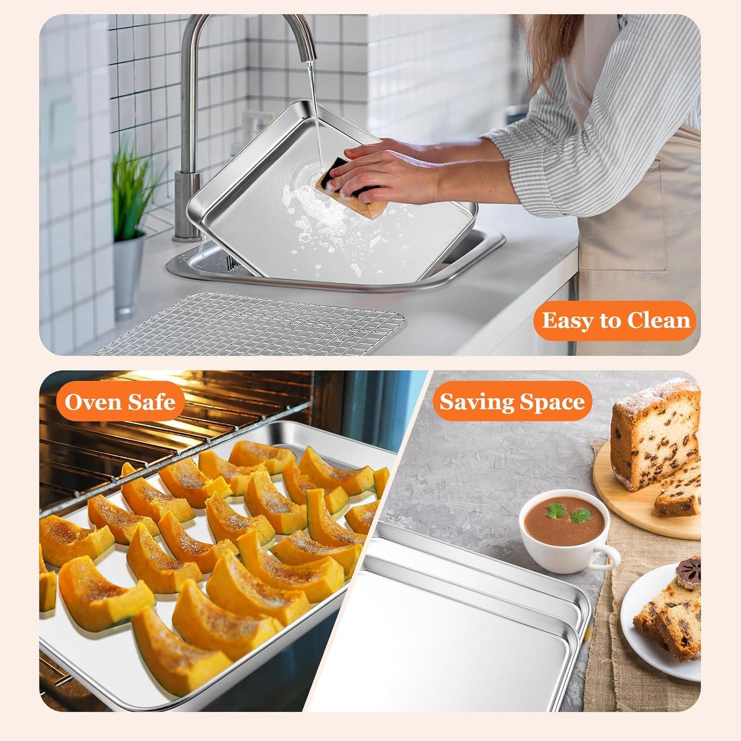 Half Sheet Baking Pan & Wire Rack, Leonyo 17.5" x 13" Large Stainless Steel Cookie Sheets with Cooling Rack Set, Nonstick & Oven Safe Commercial Baking Tray Pans - 4 Pack