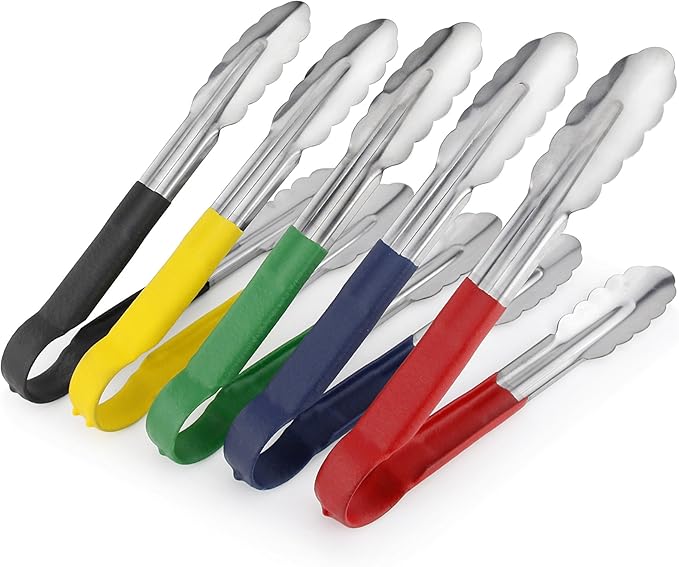 New Star Foodservice 35841 9-Inch Utility Spring Tongs, Stainless Steel, Vinyl Coated, Set of 12, Black