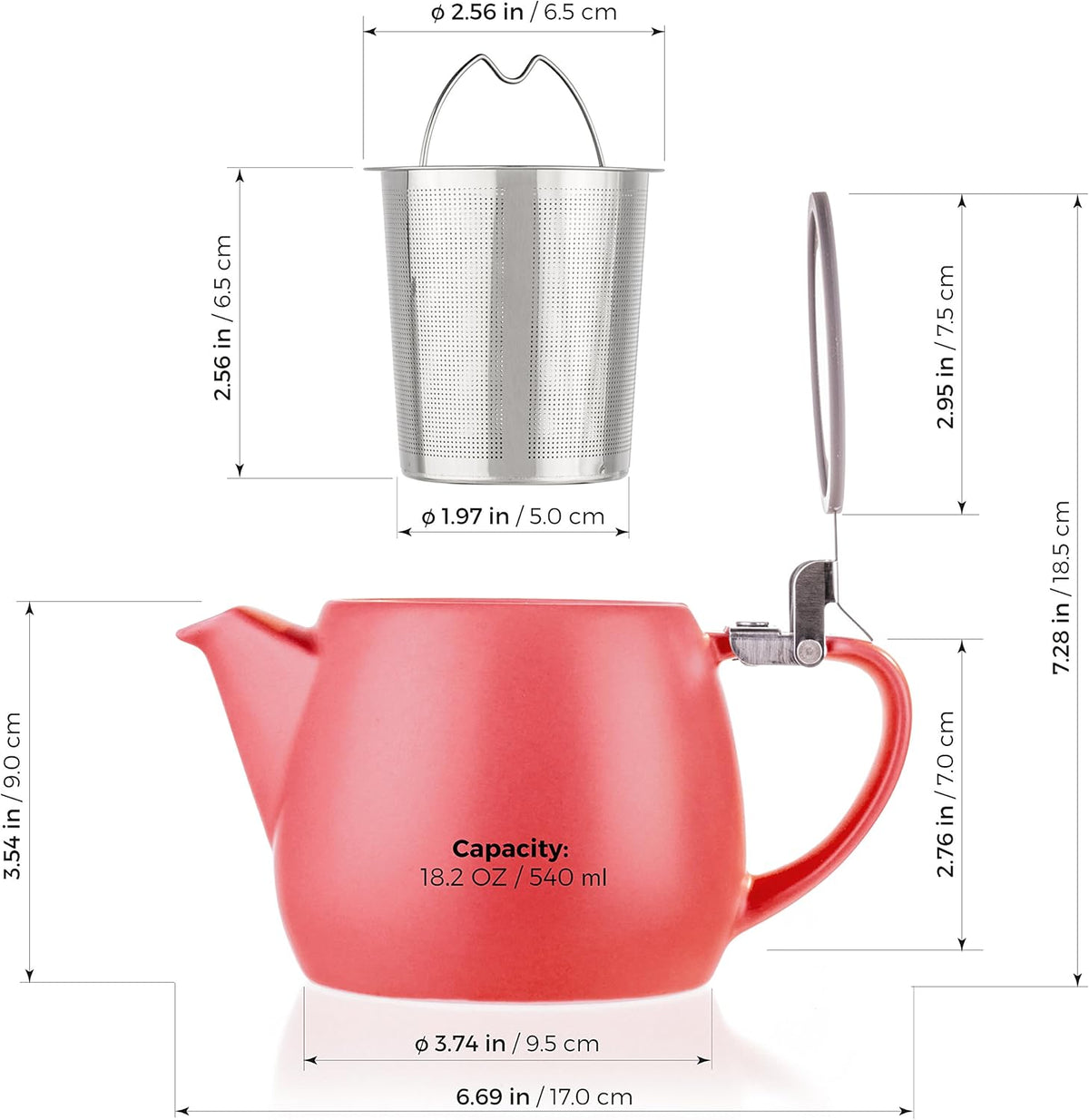 Tealyra - Pluto Porcelain Small Teapot Red - 18.2-ounce (1-2 cups) - Matte Finish - Stainless Steel Lid and Extra-Fine Infuser To Brew Loose Leaf Tea - 540ml