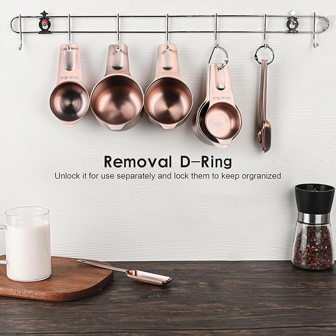 Copper Measuring Cups and Spoons Set 17, 7 Stainless Steel Measuring Cups&9 Long Hanlde Narrow Measuring Spoons for Spice Jar&Leveler, Kitchen Metric&US Measure Cup Spoons for Dry and Liquid