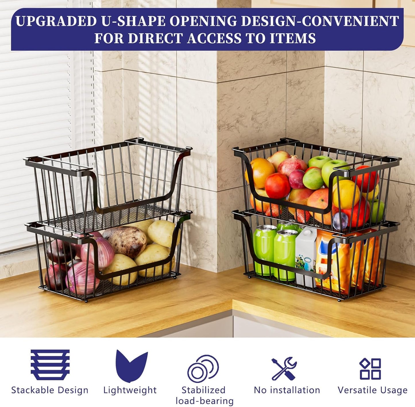 Enhanced Leak-Proof Bottom Stackable Wire Baskets, 6 Pack Pantry Organizers and Storage, pantry storage,Shelf Baskets, Fruit Basket, Potato and Onion Storage Bins,(Black)
