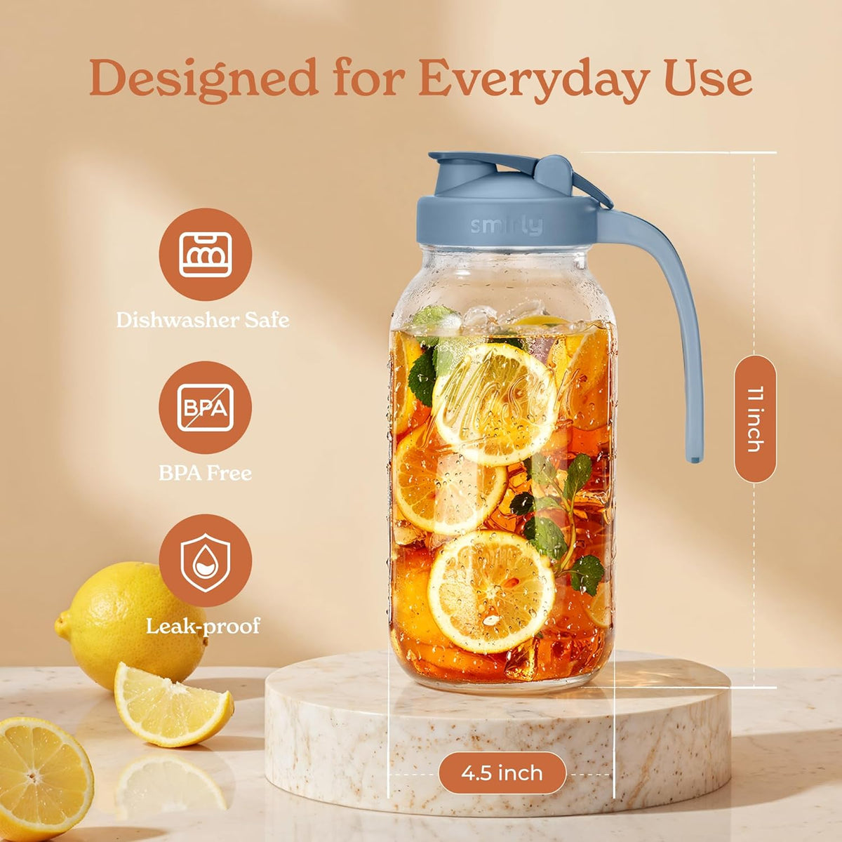 SMIRLY 64 oz Mason Jar Pitcher, Glass Pitcher with Wide Mouth, Water Jug with Double Leak Proof Lid for Iced Coffee, Hot Water, Breast Milk