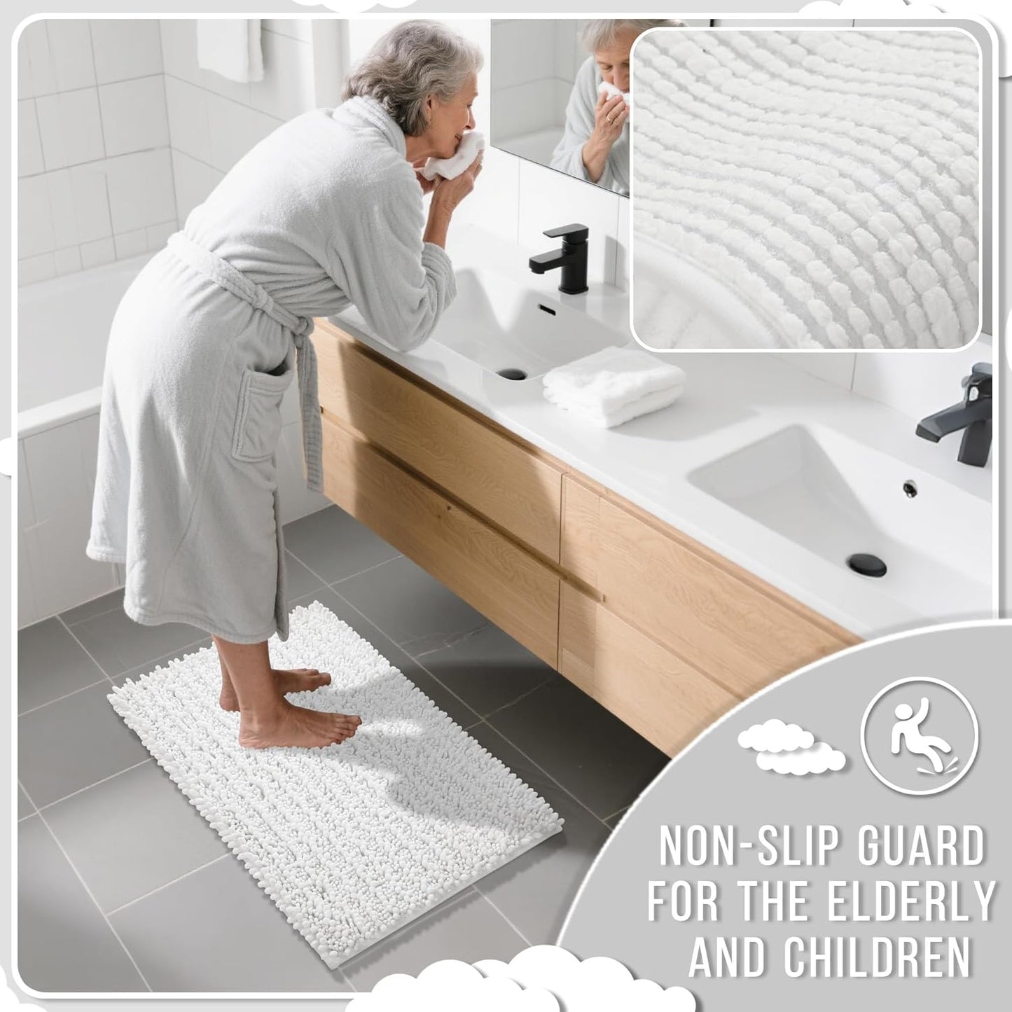 Yimobra Large Bathroom Rugs Non Slip Washable 36x24 Inch - Ultra Soft Absorbent Chenille Bath Mat, Quick Dry Shaggy Floor Carpet for Tub Shower, White Home Decor Accessories
