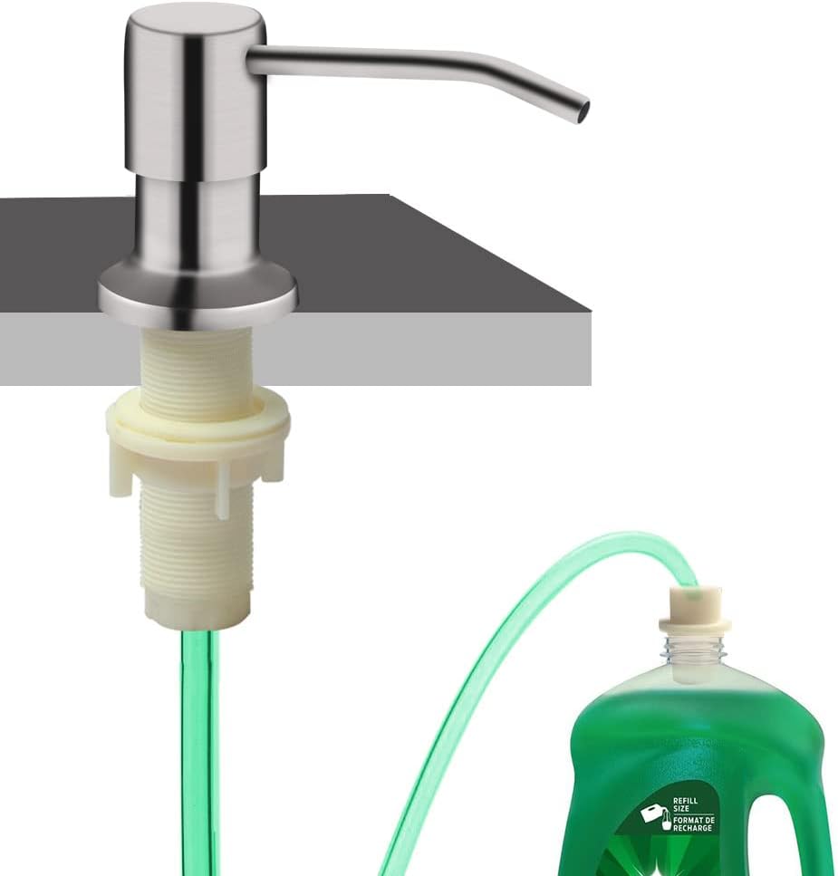 Soap Dispenser for Kitchen Sink, Built in Sink Soap Dispenser (Brushed Nickel), Countertop Soap Dispenser Pump with 47" Extension Tube kit, No Need to Fill Little Bottle Again (Longer Thread Shaft)