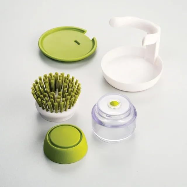 Soap Dispenser Palm Dish Brush with Storage Bracket – Drainage Base, Easy-to-Clean Kitchen Utensil Cleaner | Includes Extra Soft Bristle Brush Head (Gray)