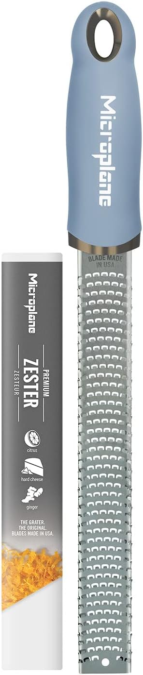 Microplane Zester Grater in Sky Blue for Citrus Fruits, Hard Cheese, Ginger, Chocolate and Nutmeg with Fine Stainless Steel Blade - Made in USA