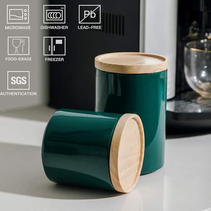 Sweejar Kitchen Canisters Ceramic Food Storage Jar, Stackable Containers with Airtight Seal Wooden Lid for Serving Ground Coffee, Tea, Sugar, Salt and More - 28 Fl Oz (Jade)