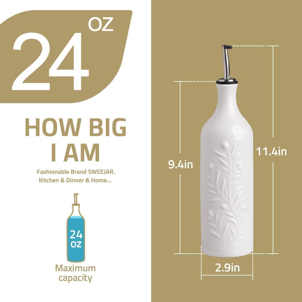 Sweejar Large Olive Oil Dispenser Bottle with Spout, 24 Oz Ceramic Oil Dispenser for Kitchen, Relief Opaque Cruet, Container for Cooking, EVOO, Vinegar, Pack of 1 (Red)