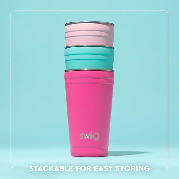 Swig Life 24oz Party Cup, Stackable Insulated Travel Coffee Tumbler with EZ Slider Lid, Cup Holder Friendly Travel, Stainless Steel 24 oz Tumbler, Reusable Mug (Strawberry Shortcake)