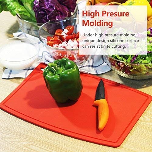 Extra Large Thick Silicone Cutting Boards for Kitchen 14.6'' x 10.43'' Flexible Cutting Chopping Boards/Mats Non-slip Deep Drip Juice Groove, Dishwasher Safe-Red