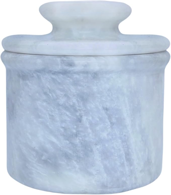 White Marble Butter Keeper with Lid | Soft Spreadable French Butter Crock for Countertop | Home and Kitchen Decor | Large (3 oz Capacity)