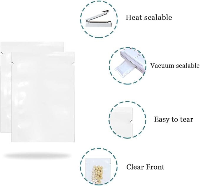 PABCK 300 Pack 5.5x7.9 inch (Usable Size 5.1x7.5 inch) White Clear Front Open Top 2.8mil Plastic Vacuum Pouch Heat Sealable Bags for Food Storage Packets Mini Sample with Tear Notches