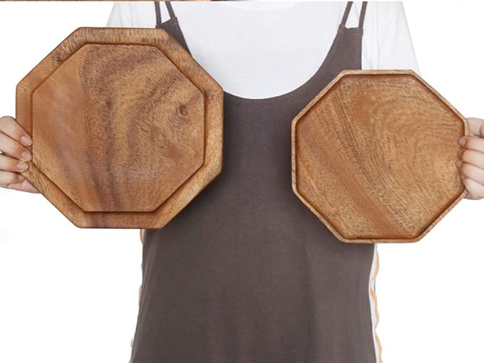 Set of 2 Acacia Wooden Trays Serving Platters Round Square Veggie Serving Tray Decor Bread Charcuterie Board Fruit Hosting Essentials Cheese Platter Vegetable Food Dish Charger Plate Charcuterie Board