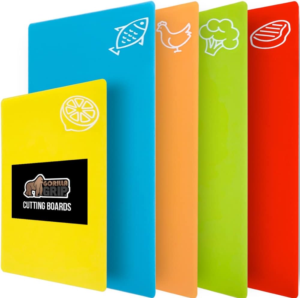 GORILLA GRIP 100% BPA-Free Flexible Cutting Board Set of 5, Durable Plastic Mats with Food Icons for Meal Prepping, Large and Mini Kitchen Chopping Mat, Use for Meat Fish Vegetables Fruit, Multicolor