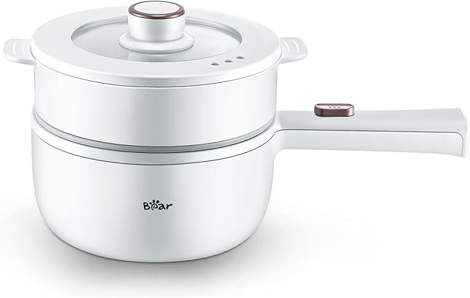 Bear Hot Pot Electric with Steamer, 1.6L Rapid Noodles Cooker, Mini Pot, Non-Stick Frying Pan for Steak, Ramen, Egg, Oatmeal, Soup with Power Adjustable