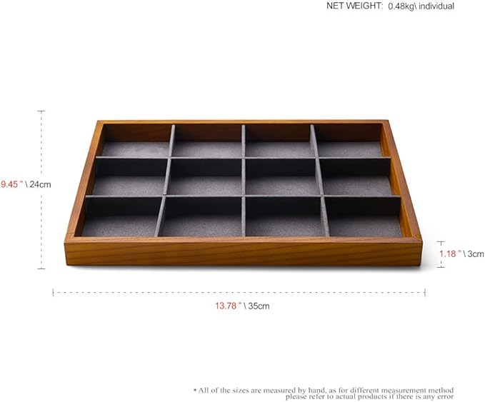 Oirlv 12 Grids Wood Jewelry Organizer Tray Stackable Jewelry Drawer Tray Bracelet/Watch Showcase Display Storage(Grey)